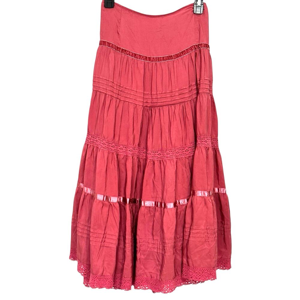 Vintage Gorgeous Vents d'Ailleurs Pink Silk Tiered Crochet Midi/Maxi Skirt XL